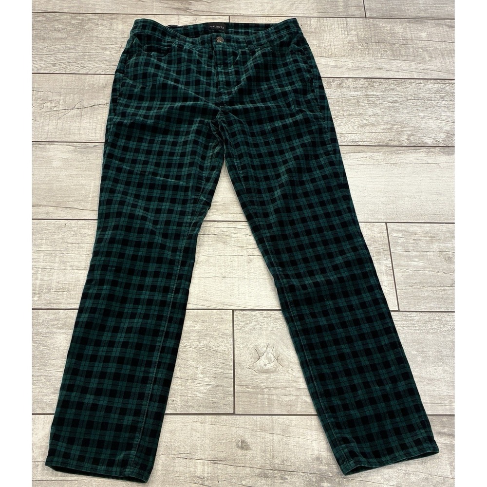 TALBOTS Velveteen Straight Leg Pants Womens 10 Green Black Tartan Plaid Stretch